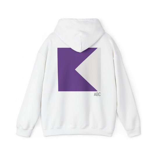 Personalised white rowing hoodie featuring a purple and off white club blade square design on the back with custom initials ‘ABC’ – customizable rowing gift from RowingGifts.com.