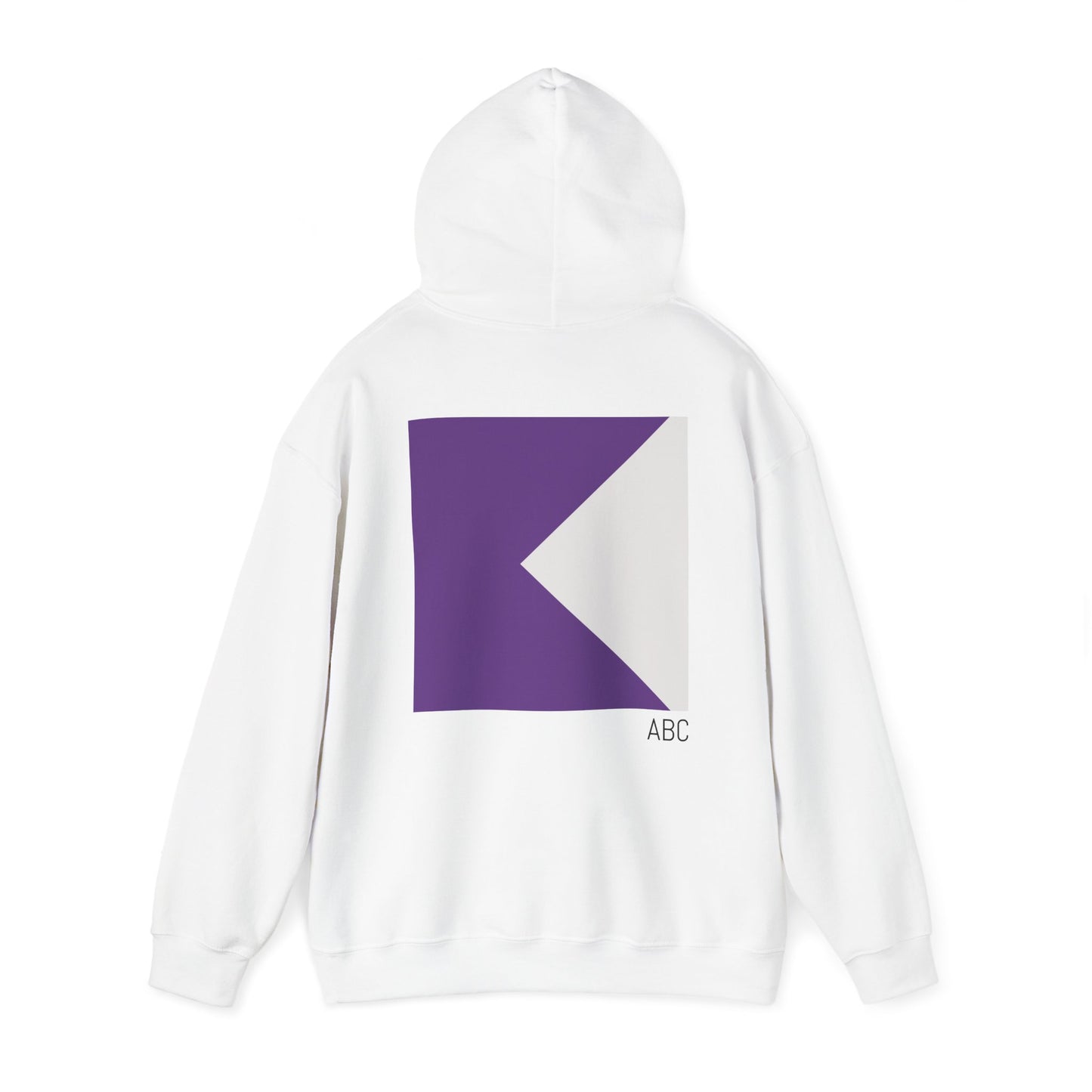 Personalised white rowing hoodie with the hood up, featuring a purple and off white club blade square design on the back with custom initials ‘ABC’ – customizable rowing gift from RowingGifts.com