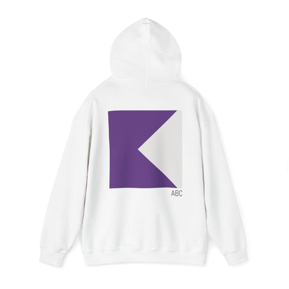 Personalised white rowing hoodie with the hood up, featuring a purple and off white club blade square design on the back with custom initials ‘ABC’ – customizable rowing gift from RowingGifts.com